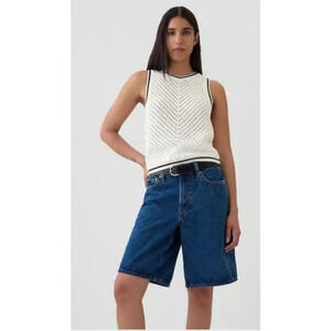 GAP Cream Knit Sweater Vest Navy Trim Preppy Nautical Tennis Core Size L